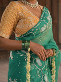 MANN MOHINI - Emerald Green Organza Mukaish Pearl Saree (The blouse shown is for styling purposes only)