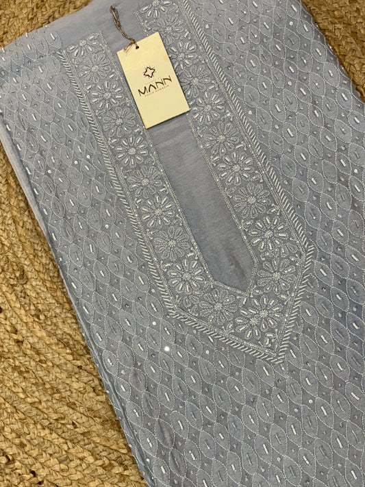 Light Blue Chanderi Chikankari Men's Kurta Fabric with Embellishments