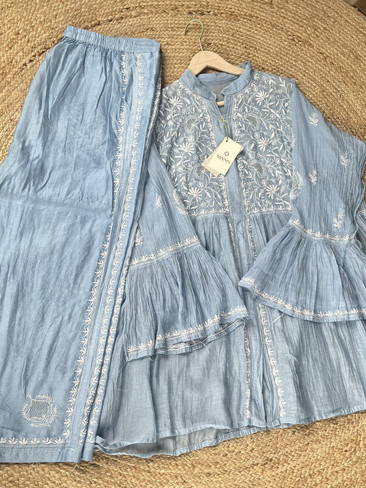 Powder Blue Mal & Chanderi Silk Chikankari Co-ord Set