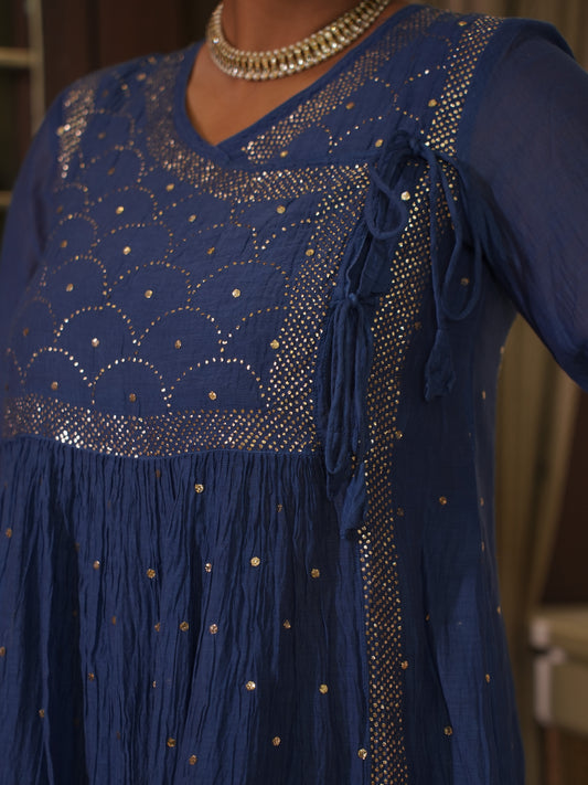 Royal Blue Mal Chanderi Mukaish/Kamdani Angrakha suit set