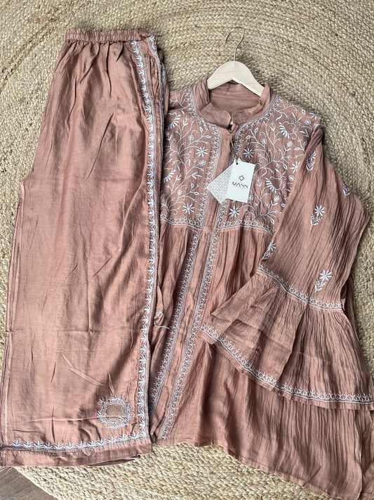 Brown Colour Mal & Chanderi Silk Chikankari Co-ord Set