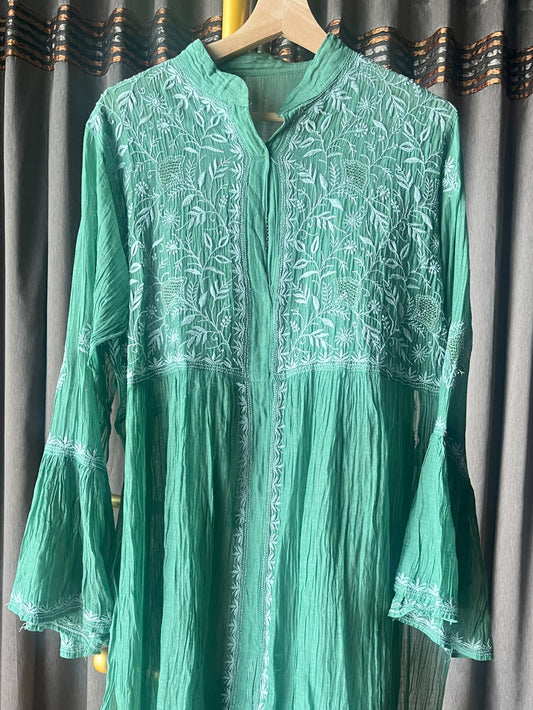 Green Mal & Chanderi Silk Chikankari Co-ord set