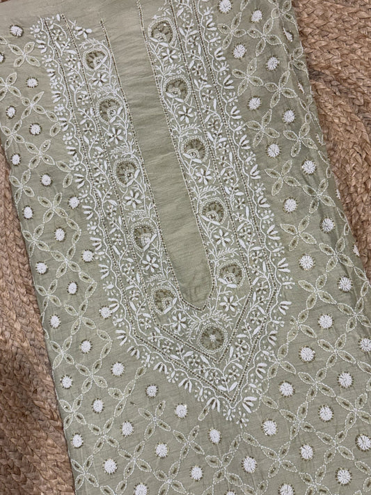Sea Green Moonga Silk with Fine Chikankari & Cutdana Men's Kurta Fabric