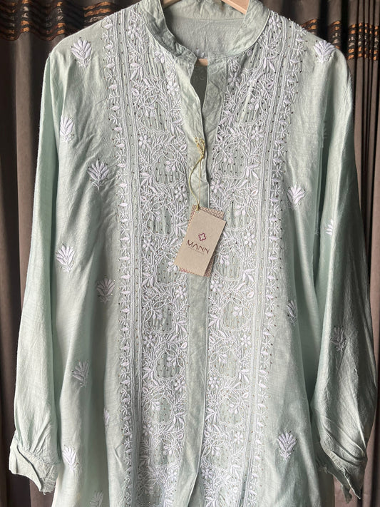 Pastel teal Green Moonga Silk Chikankari Co-ord Set