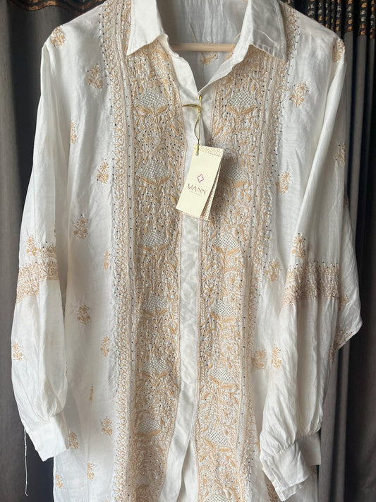 White & Brown Chanderi Silk Chikankari Co-ord Set