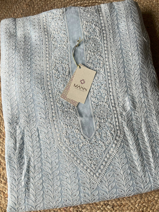 Powder Blue Mal Chanderi Chikankari Men's Kurta Fabric