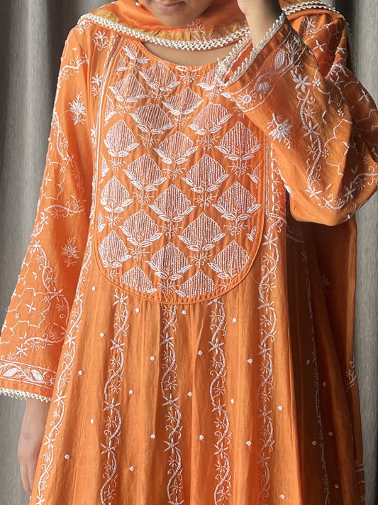 Orange Chanderi Silk Chikankari Anarkali Suit