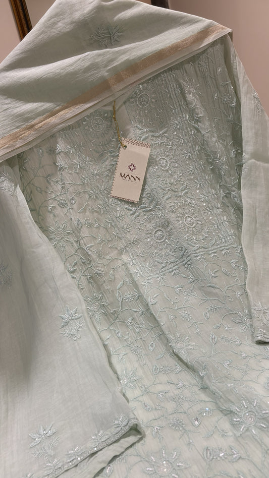 Mal Chanderi Chikankari Suit Set with Embellishments ( Semi-Stitched )