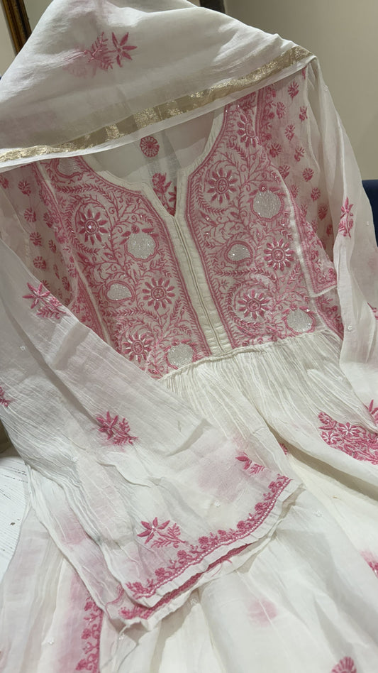 Mal Chanderi Chikankari Suit Set with Embellishments ( Semi-Stitched )