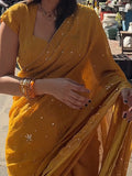Rust Yellow Tissue Saree with Mukaish/Kamdani Work