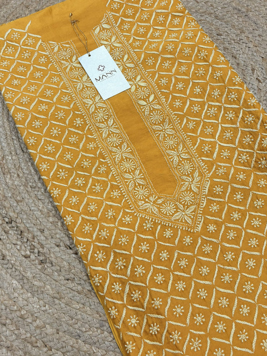 Yellow Chanderi Chikankari Men's Kurta Fabric