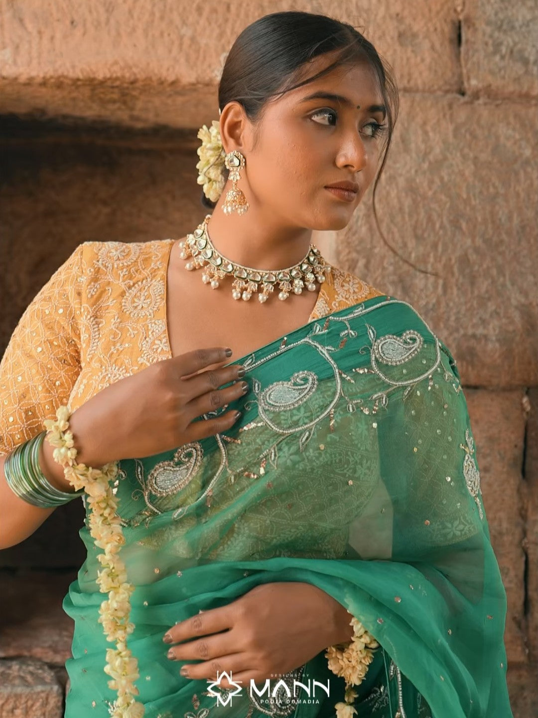 MANN MOHINI - Emerald Green Organza Mukaish Pearl Saree (The blouse shown is for styling purposes only)