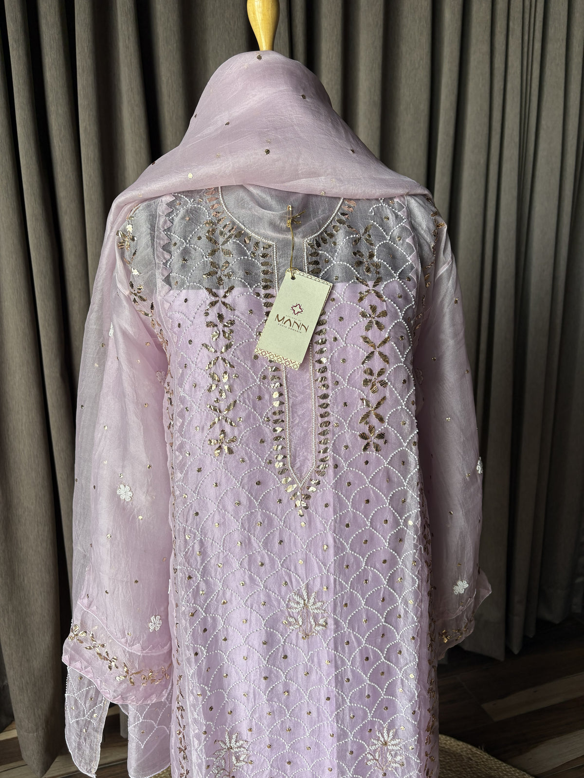 Organza Mukaish/Kamdani & Pearl Suit Set in Lilac Shade