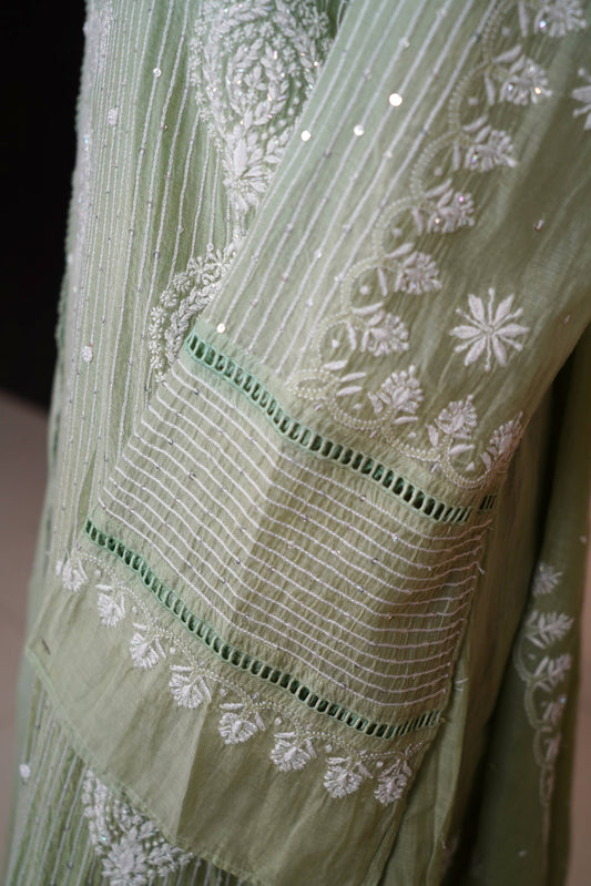 Green Mal Chanderi Chikankari Suit