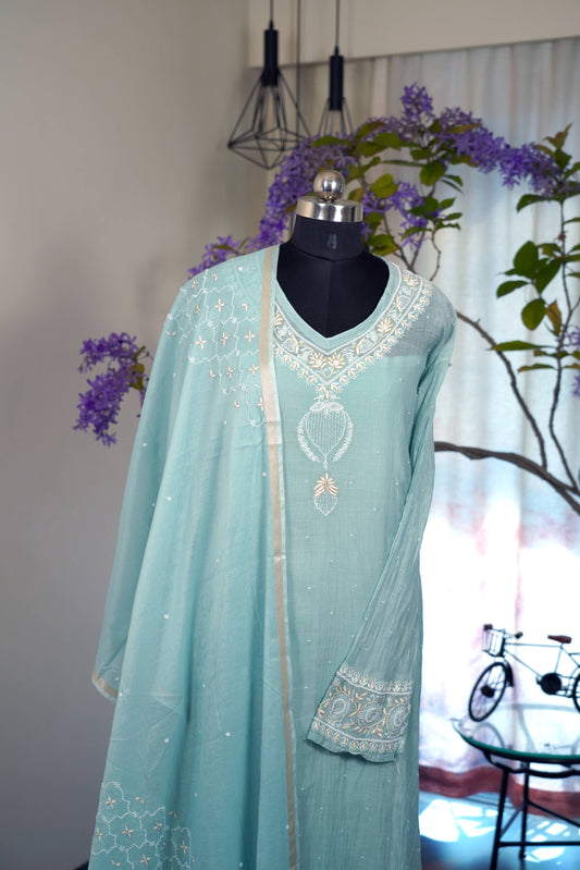 Teal Mal Chanderi Chikankari Suit