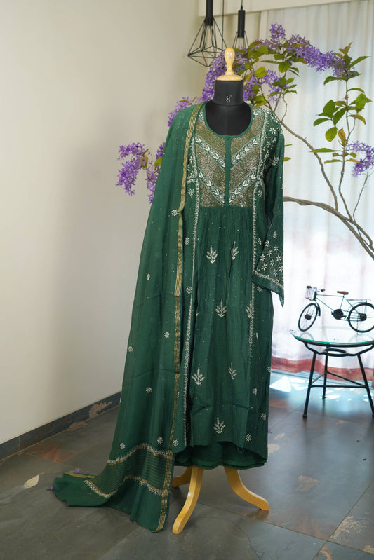 Bottle Green Mal Chanderi Chikankari Kurta Set