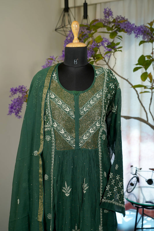 Bottle Green Mal Chanderi Chikankari Kurta Set