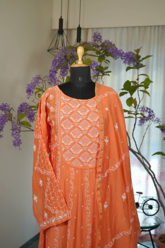 Orange Chanderi Silk Chikankari Anarkali Suit