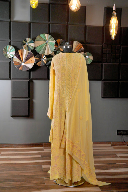 Yellow Georgette Chikanakari & Cutdaana Anarkali