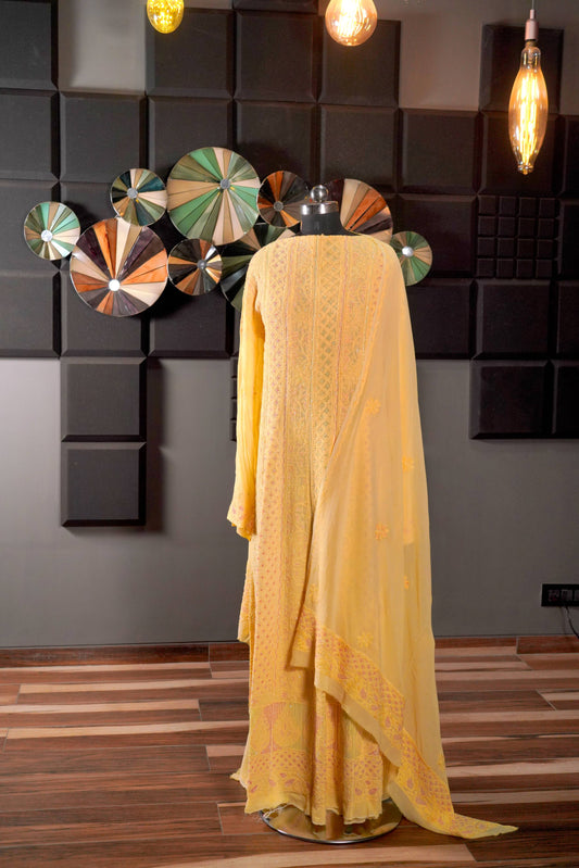 Yellow Georgette Chikanakari & Cutdaana Anarkali