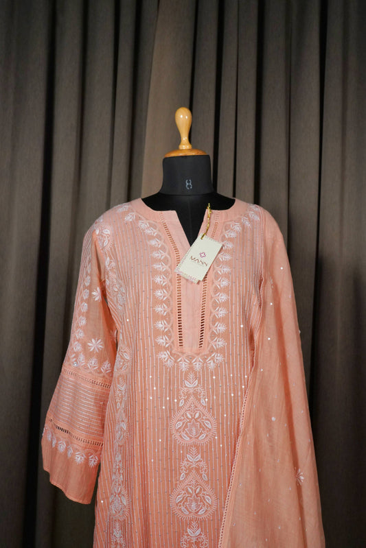 Peach Brown Mal Chanderi Suit Set