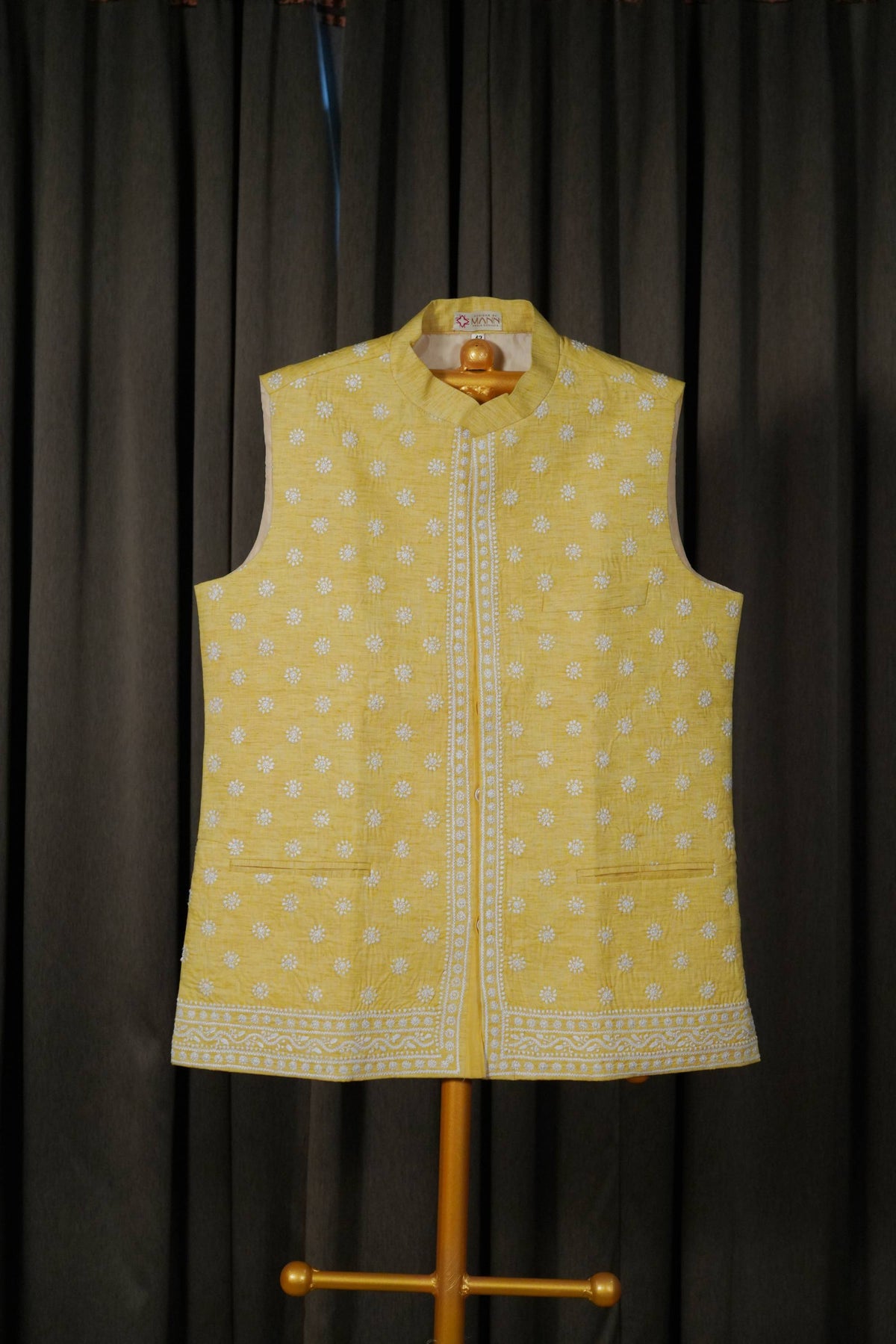 Lemon yellow khadi  tussar Chikankari men jacket