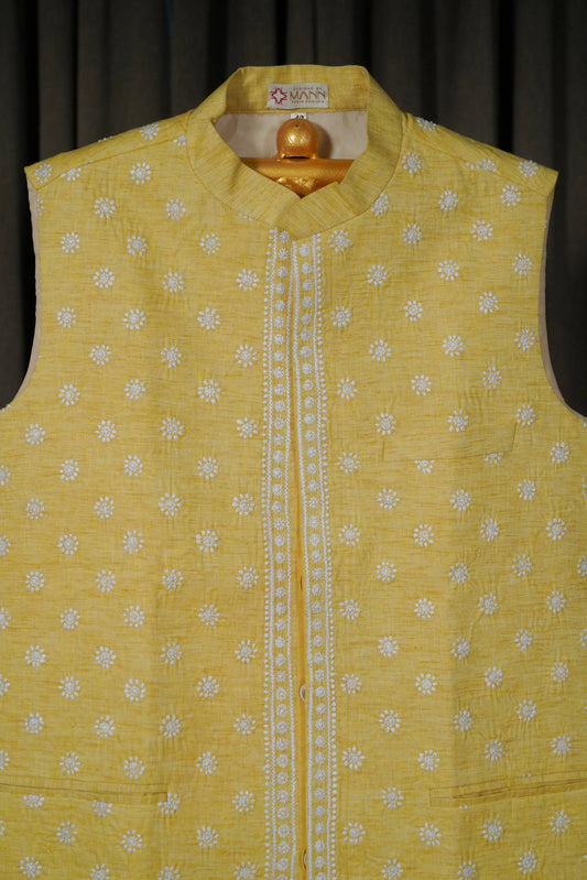 Lemon yellow khadi  tussar Chikankari men jacket