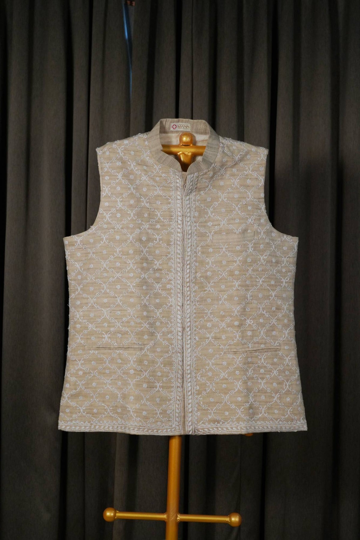 Beige Colour Khadi Tussar Chikankari Men Jacket