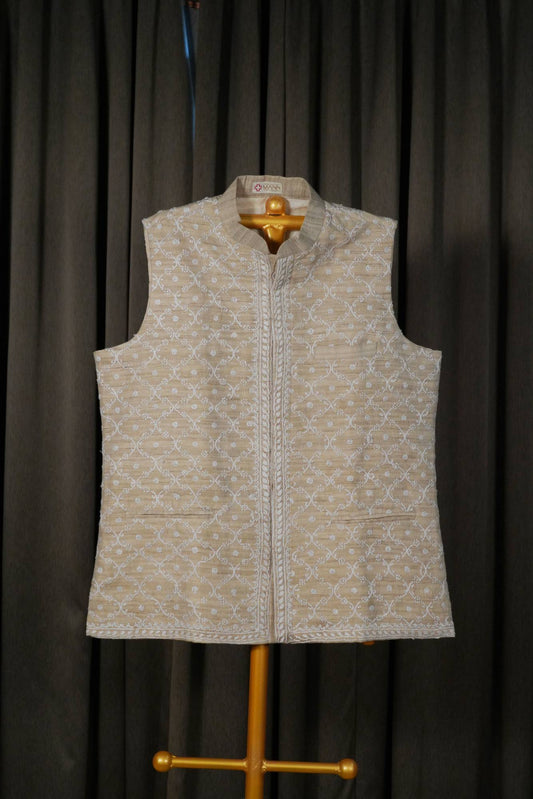 Beige Colour Khadi Tussar Chikankari Men Jacket