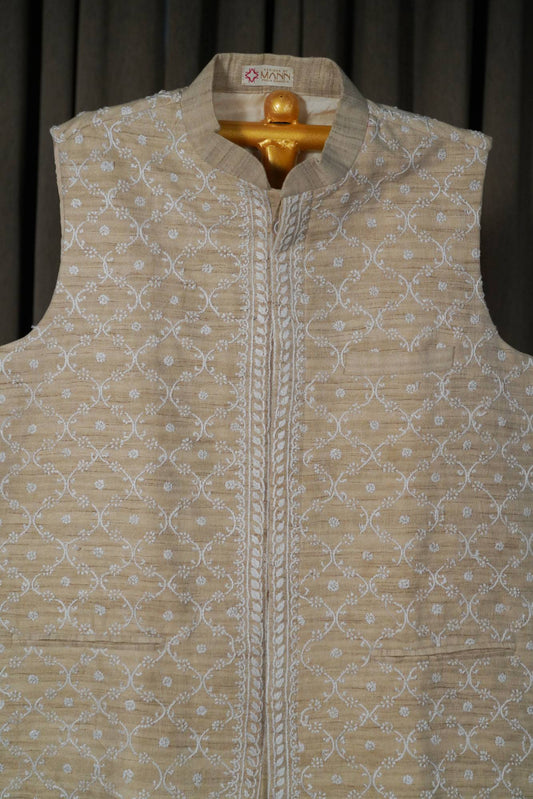 Beige Colour Khadi Tussar Chikankari Men Jacket