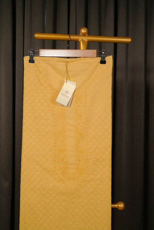 Yellow fine cotton Chikankari men kurta set