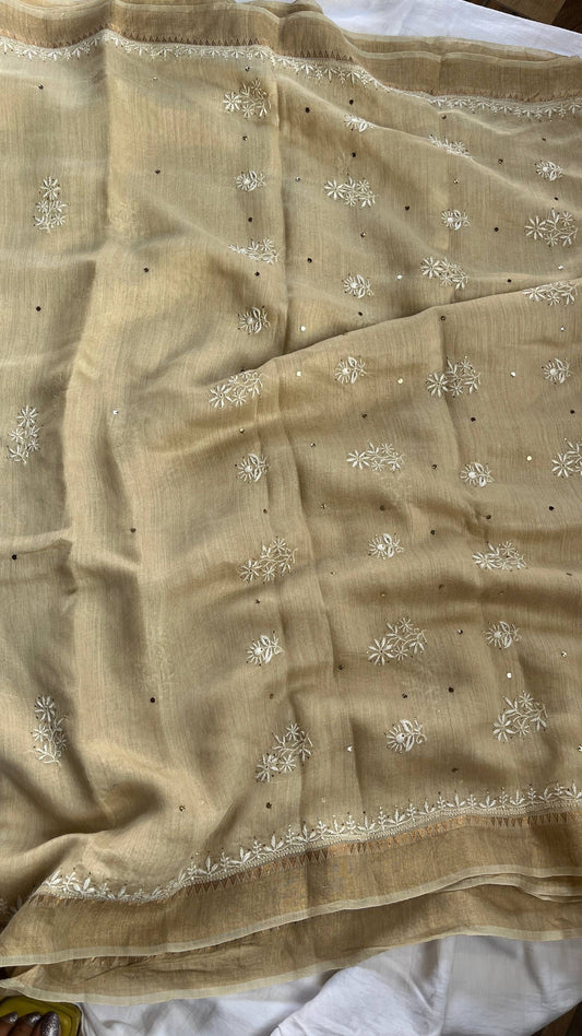 Pure Moonga Silk Saree (with chikankari and mukaish work )