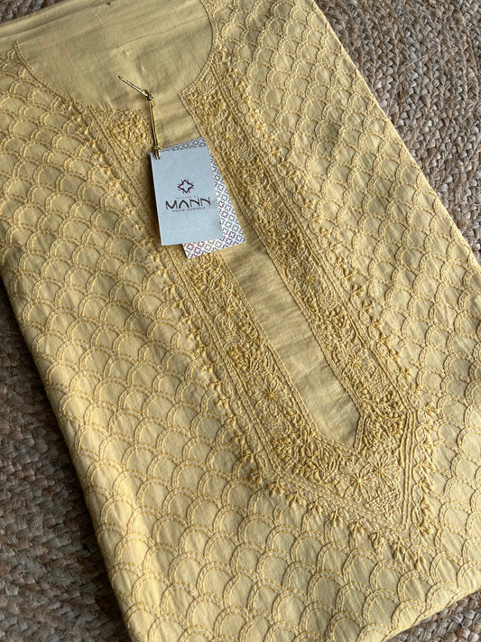 Yellow Fine Cotton Unisex Chikankari Kurta