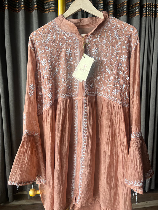 Brown Colour Mal & Chanderi Silk Chikankari Co-ord Set