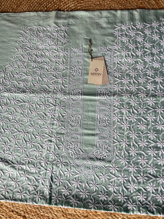 Teal Green Chanderi Silk Chikankari Men's Kurta Fabric