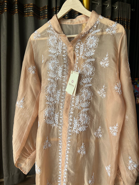 Dull Peach Organza Chikankari Shirt Top