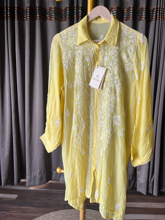 Lime Yellow Mal Chanderi Chikankari Top