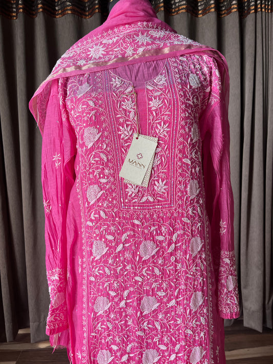 Raani Pink Ombre Mal Chanderi Chikankari Suit Set
