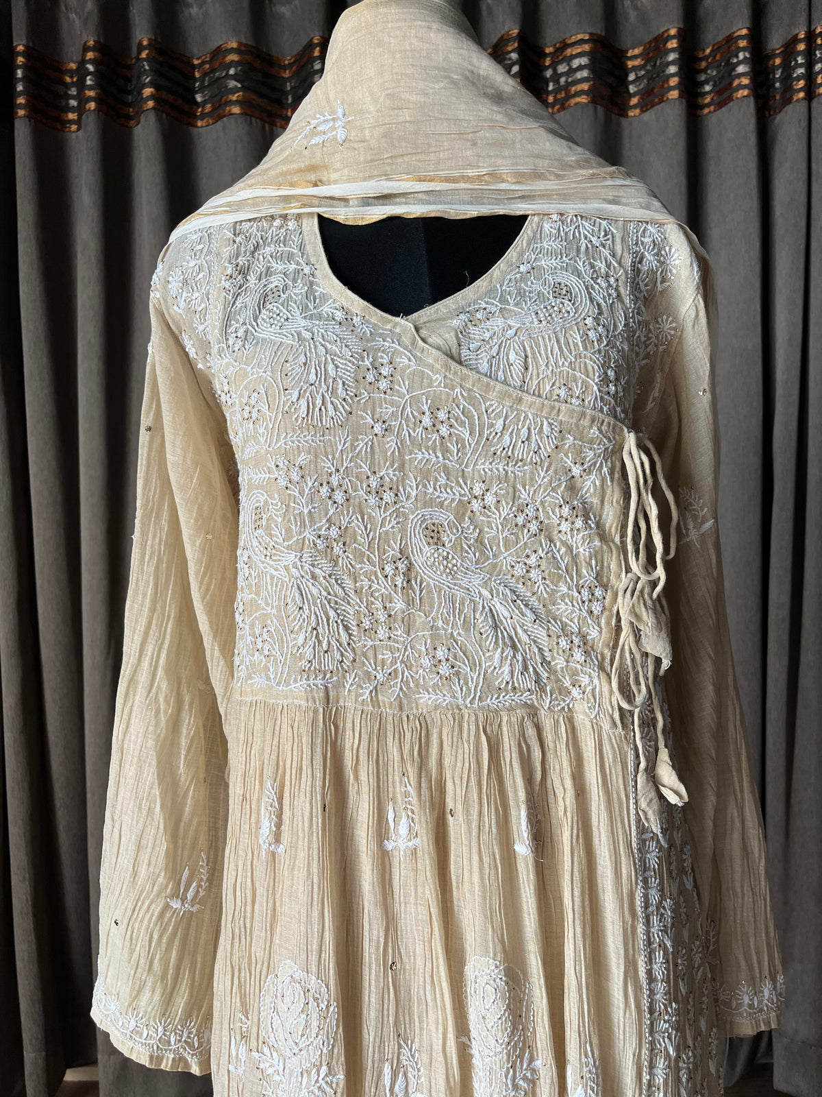 Beige Pure Tissue Chikankari Angrakha Suit Set