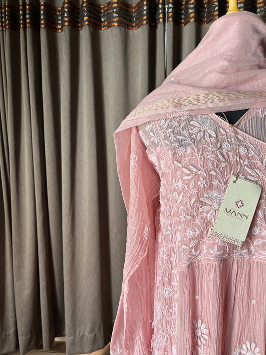 Light Pink Mal Chanderi Chikankari Angrakha Suit Set