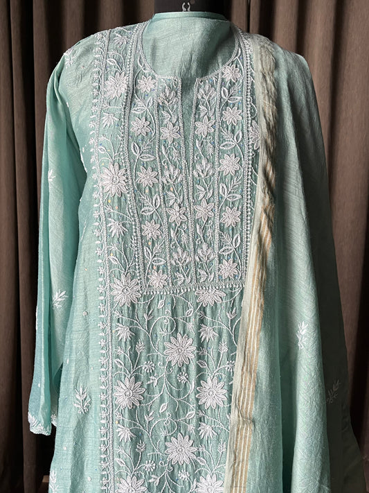 Teal Green Pure Moonga Silk Chikankari Suit Set