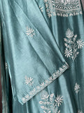 Turquoise blue chanderi silk chikankari suit set