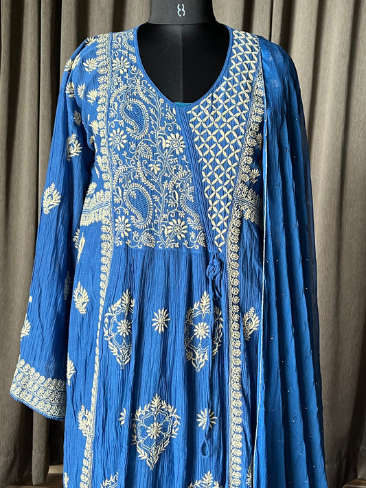 Royal Blue Mal Chanderi Chikankari Kalidar Kurta/Suit Set