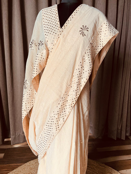 Beige golden pure tissue chanderi saree with Mukaish/badla & pitta work