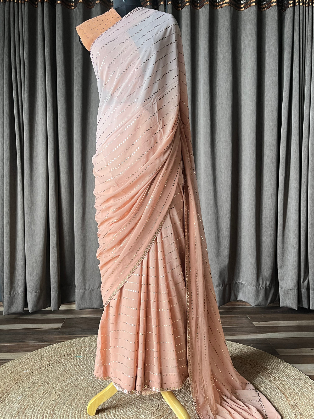 Light brown/peach ombré  pure georgette saree with mukaish/ badla & pitta work