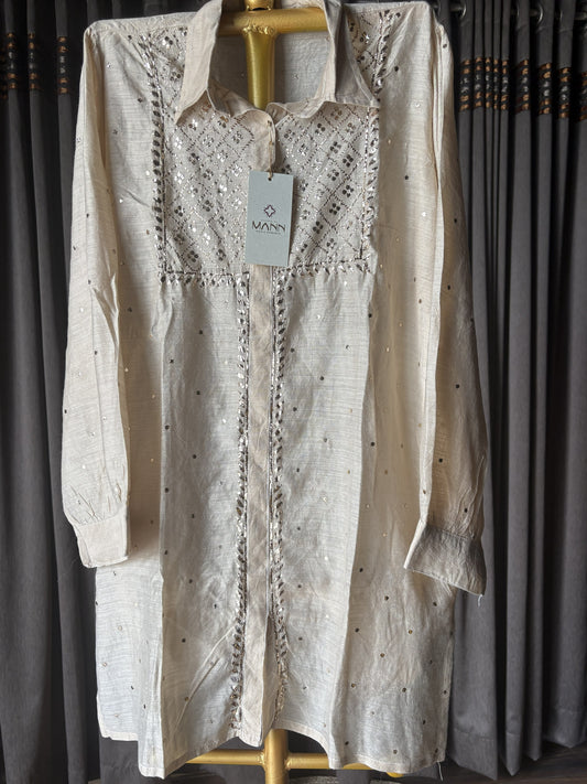 Beige moonga silk mukaish/kamdani shirt top