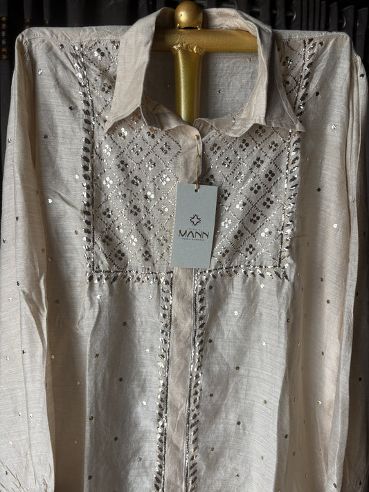 Beige moonga silk mukaish/kamdani shirt top