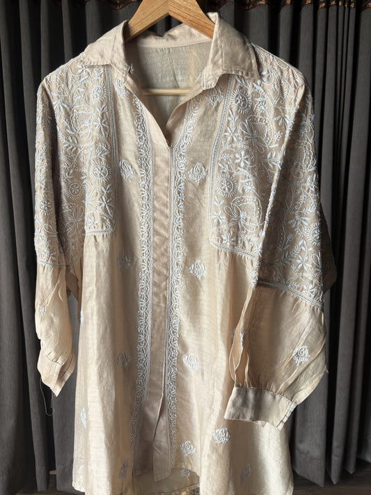 Golden beige chanderi chikankari shirt top
