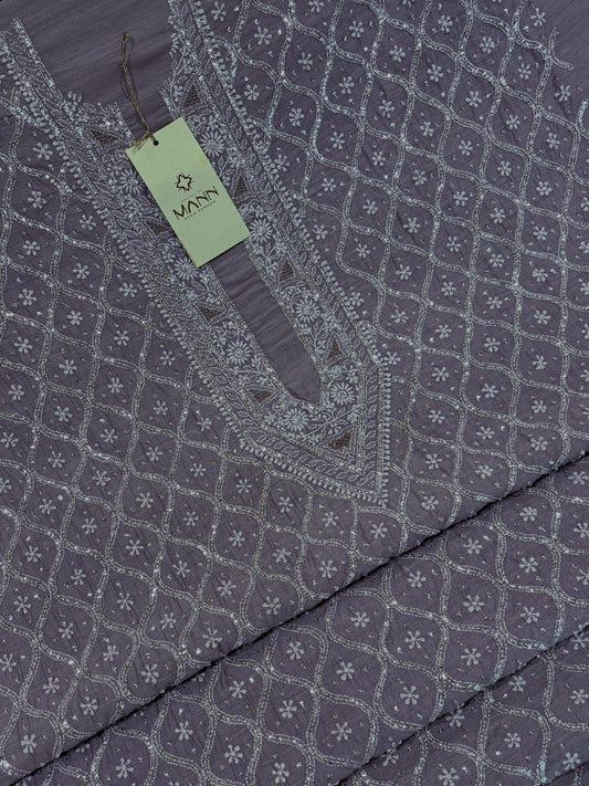 Grey Lavendar Chanderi Silk Chikankari Men's Kurta Fabric