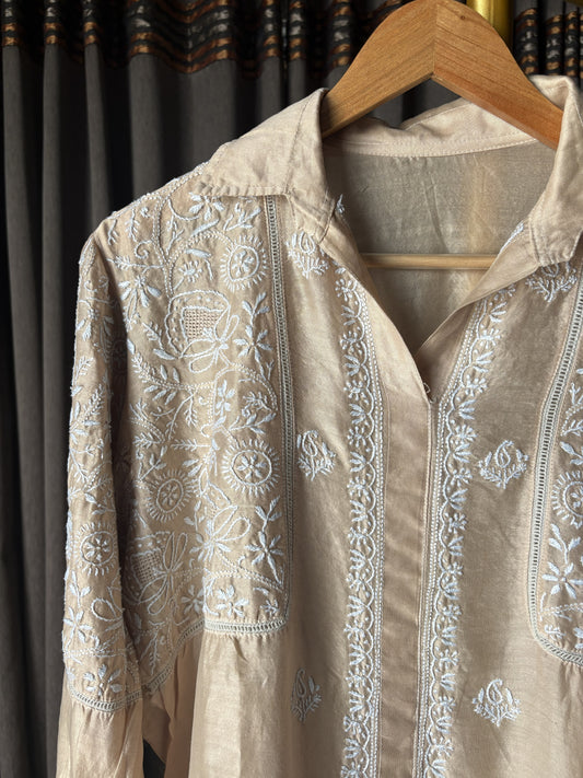 Golden beige chanderi chikankari shirt top